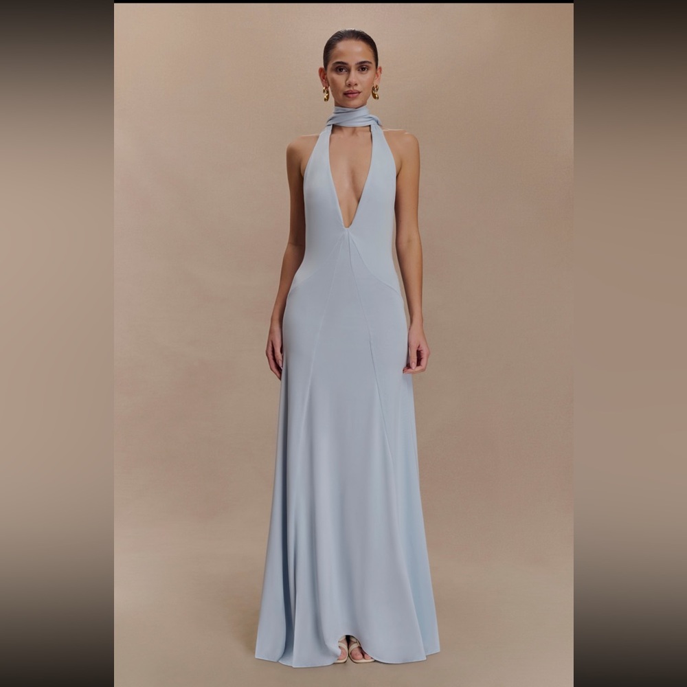 MESHKI Juliet Slinky Maxi Dress with Scarf - Pale Blue